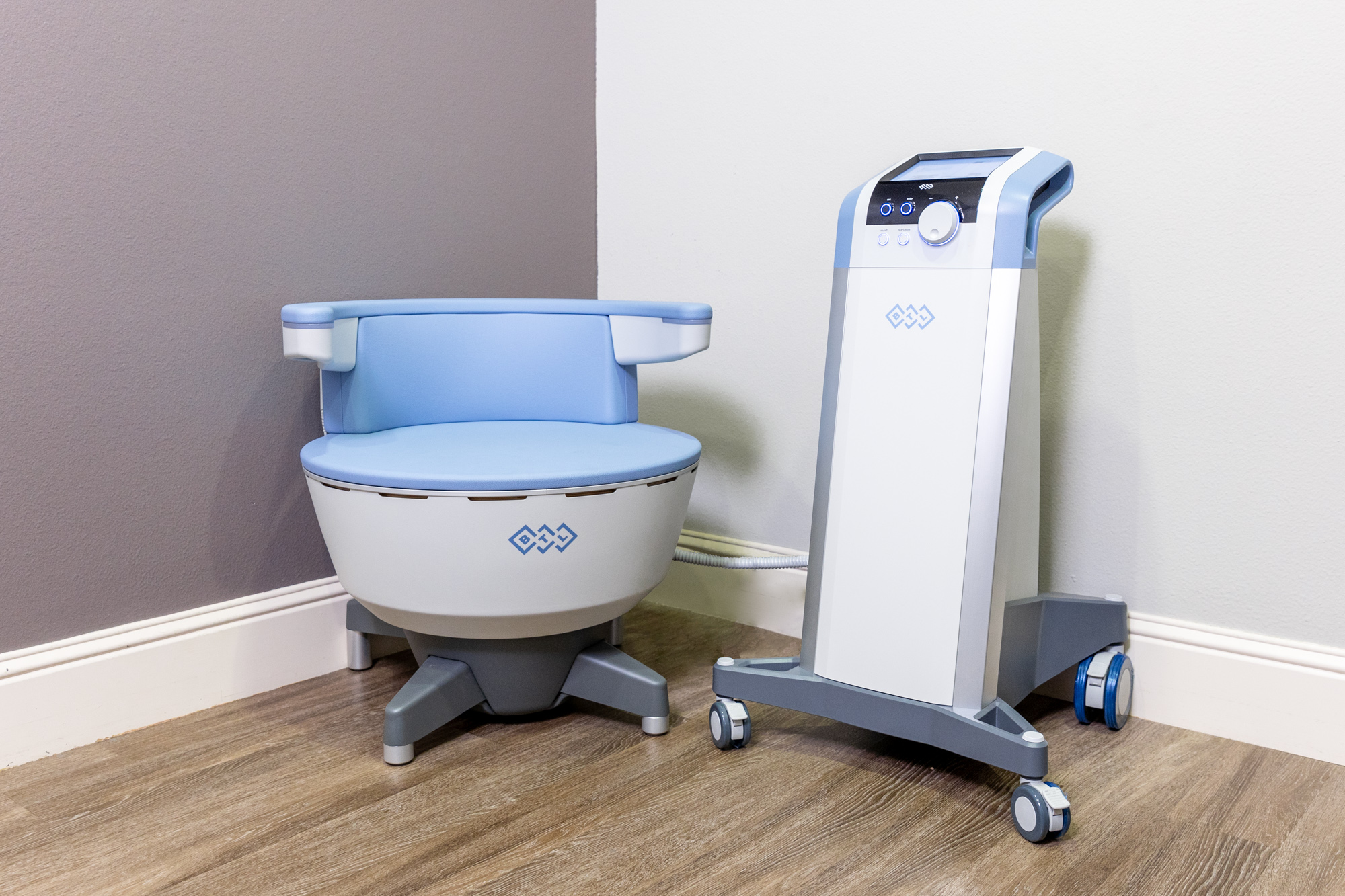 The Emsella chair, used to perform pelvic floor therapy in Newburgh.